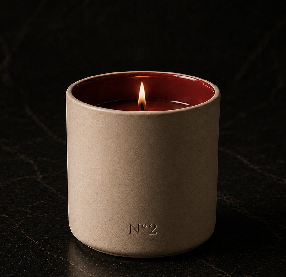 ÉNOUIR N°2 matte black ceramic candle vessel with crimson interior